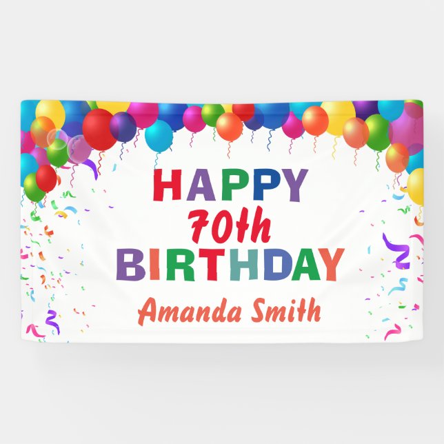 Banderoles Joyeux 70e anniversaire Ballons colorés Blanc (Horizontal)