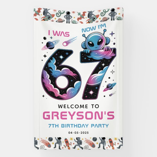 Banderoles Joyeux 7e anniversaire Cute Space | Six et sept an (Verticale)