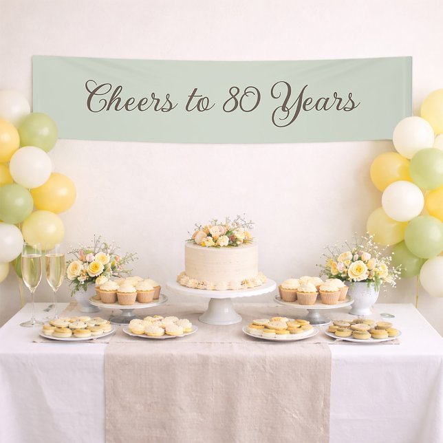 Banderoles Joyeux 80 Ans Anniversaire Simple Vert Neutre (Sage green "Cheers to 80 years" birthday party banner)