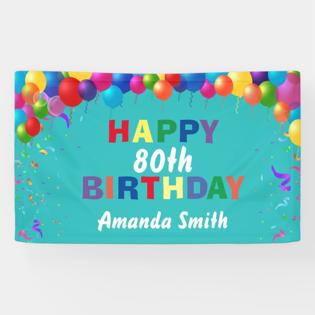 Banderoles Joyeux 80e anniversaire Ballons colorés Turquoise (Horizontal)