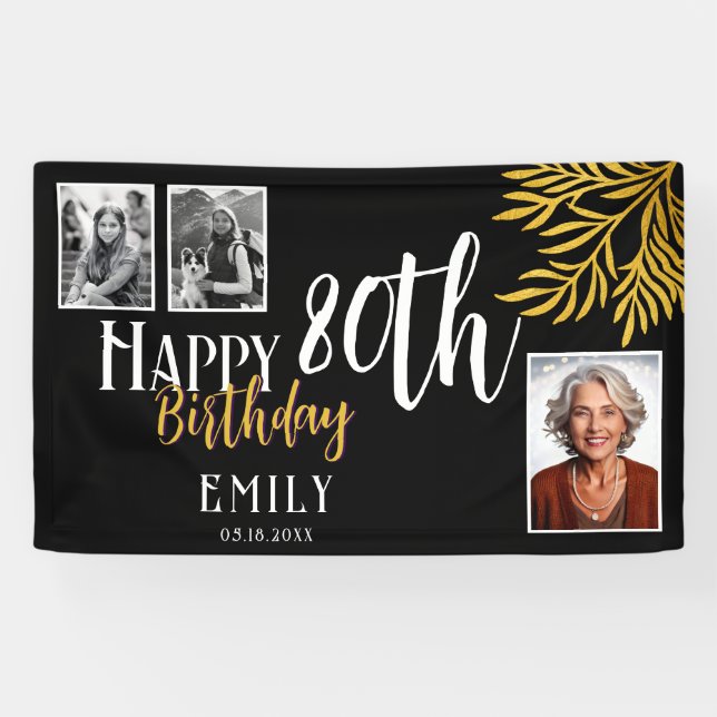 Banderoles Joyeux 80e Anniversaire Fond avec Feuillage Doré 3 (Horizontal)