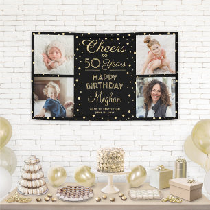 Banderoles Joyeux Anniversaire 4 Photo Confettis Noir & Or