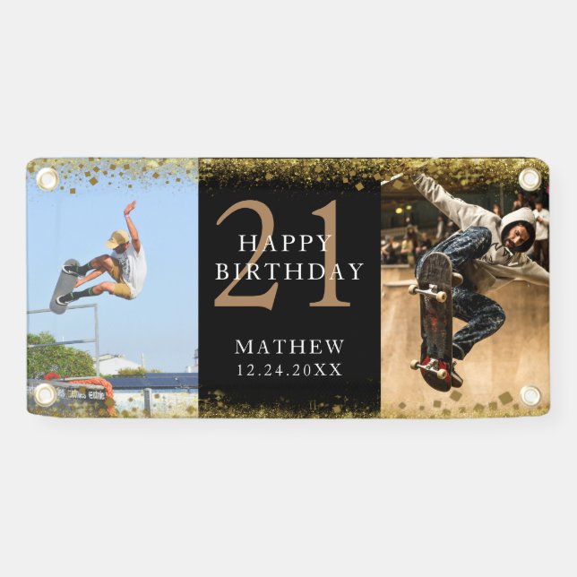 Banderoles Joyeux anniversaire Black & Gold Parties scintilla (Horizontal)