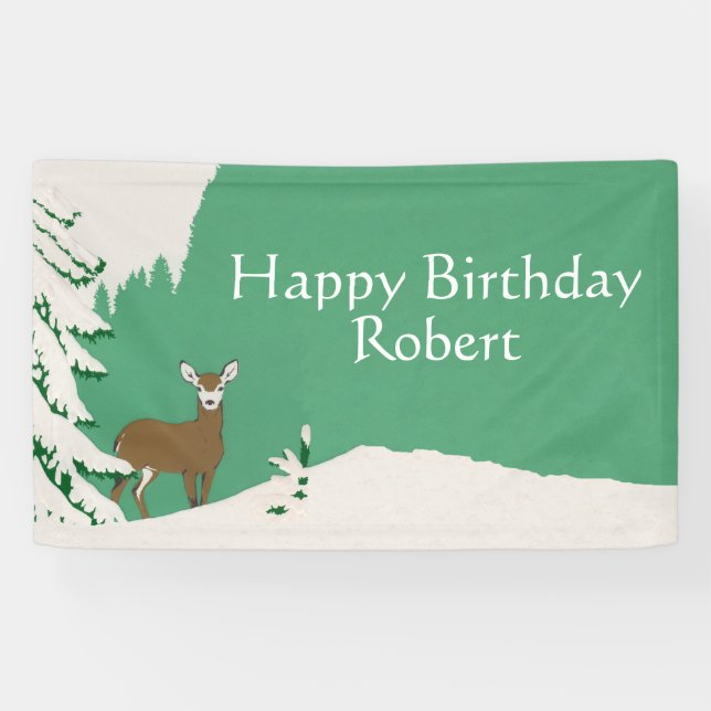 Banderoles Joyeux Anniversaire Brown Doe Cerf Pine Vert Neige (Horizontal)