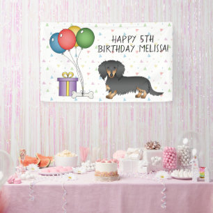 Banderoles Joyeux Anniversaire Dachshund à Poils Longs Noir e