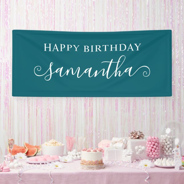Banderoles Joyeux Anniversaire Dark Teal Court et Bouclé Nom (Fête)