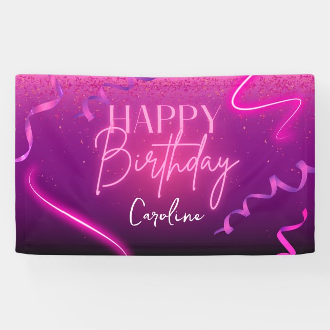 Banderoles Joyeux anniversaire de Confetti Neon violet rose (Horizontal)