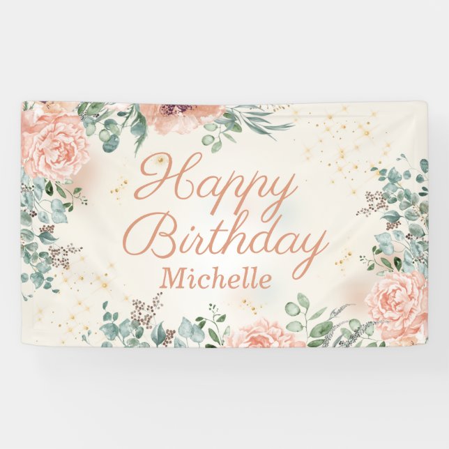Banderoles Joyeux Anniversaire en écriture florale rose avec  (Horizontal)