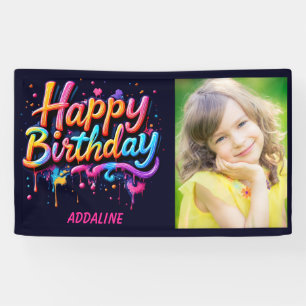 Banderoles Joyeux Anniversaire Enfants Photo Noir Orange Rose