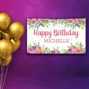 Banderoles Joyeux Anniversaire Fleurie Aquarelle Rose Violet 