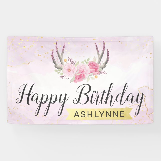Banderoles Joyeux Anniversaire Floral Antlers Blush Rose & Or (Horizontal)