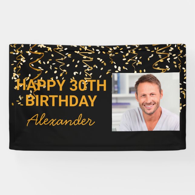 Banderoles Joyeux Anniversaire Gold Confetti Photo Chaque ann (Horizontal)