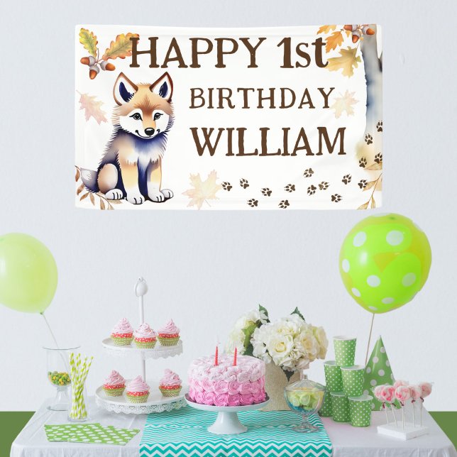 Banderoles Joyeux anniversaire loup petit sauvage une fête (Happy birthday wild one wolf themed birthday party banner personalized party decor wolf woodlands)