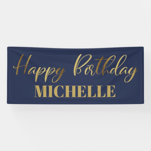 Banderoles Joyeux Anniversaire Moderne Bleu Marine Or (Horizontal)