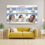 Banderoles Joyeux anniversaire n'importe quel âge Photo Colla<br><div class="desc">Célébrez la fille d'anniversaire avec cette superbe bannière avec 3 de ses photos prises contre un amusant arrière - plan rayé bleu et blanc accentué de faux pois d'or et de gâteaux d'anniversaire dessinés à la main. Ajoutez son nom et son âge à la personnaliser. Parfait pour toute célébration d'anniversaire...</div>