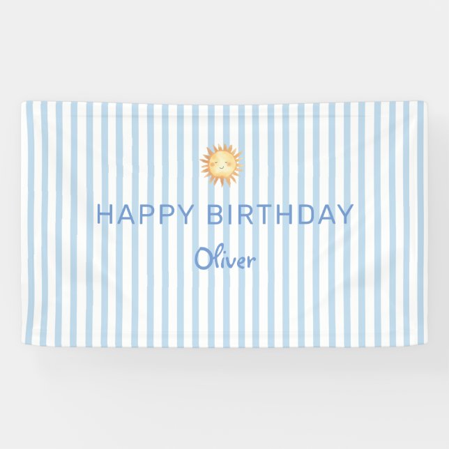 Banderoles Joyeux anniversaire rayure bleue et blanche mignon (Horizontal)