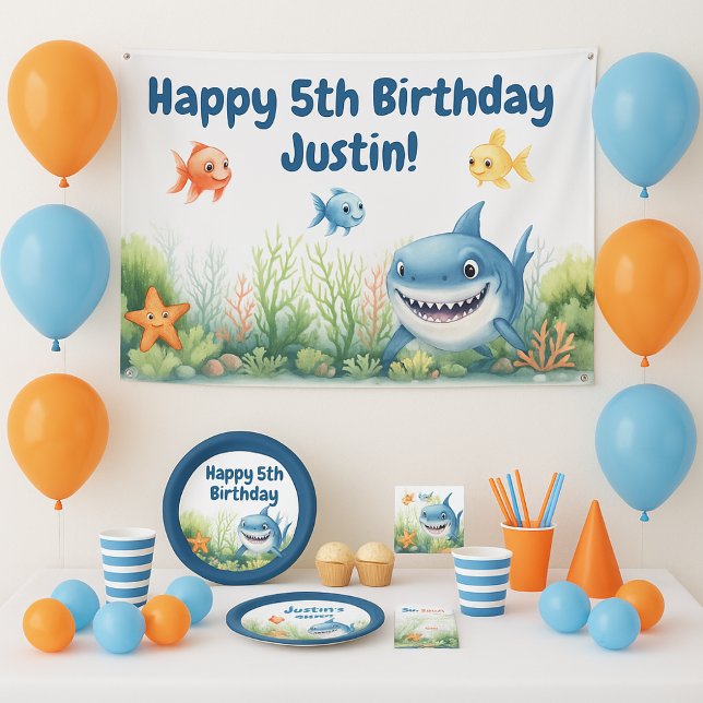 Banderoles Joyeux Anniversaire Requin Sous-Marin (Cute 5th birthday banner for a shark/under the sea themed birthday party)
