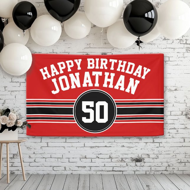Banderoles Joyeux Anniversaire Sports avec l'âge - Rouge Noir (Custom Birthday Banner)
