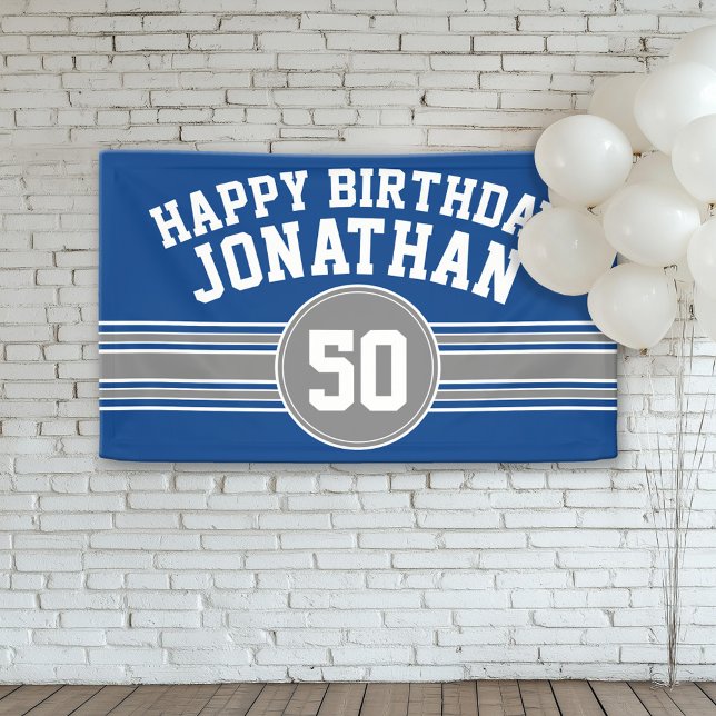 Banderoles Joyeux Anniversaire Sports Stripes Age Blue Argent (Custom Birthday Banner)