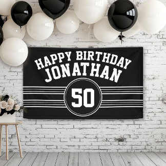 Banderoles Joyeux Anniversaire Sports Stripes Age Noir Blanc