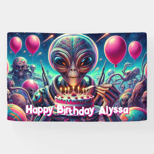 Banderoles Joyeux anniversaire | Thème Alien personnalisé (Horizontal)