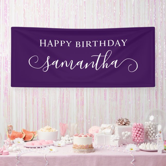 Banderoles Joyeux Anniversaire Violet Foncé Mignon Curl Nom (Fête)