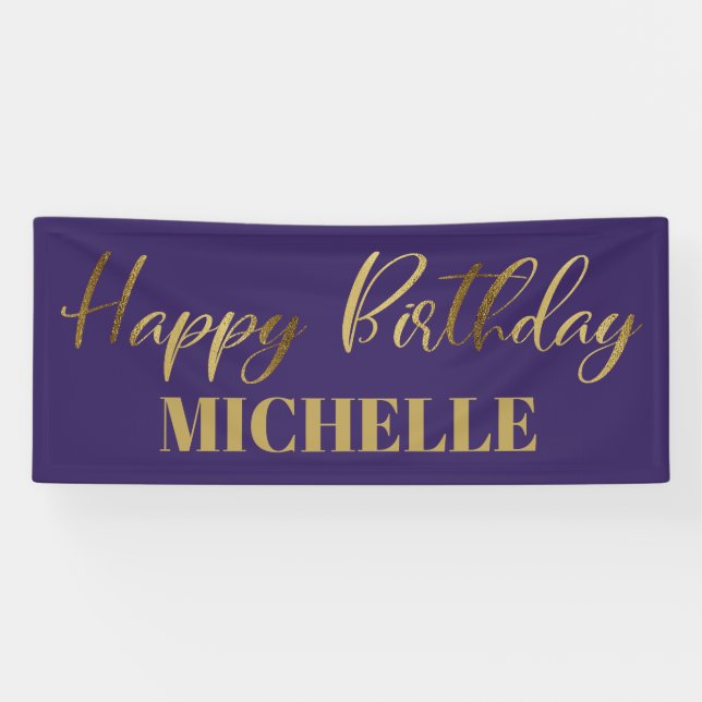 Banderoles Joyeux Anniversaire Violet Or Script Moderne (Horizontal)