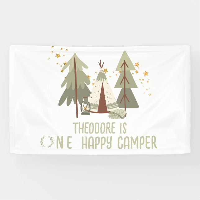 Banderoles Joyeux Camper Woodland Premier anniversaire (Horizontal)