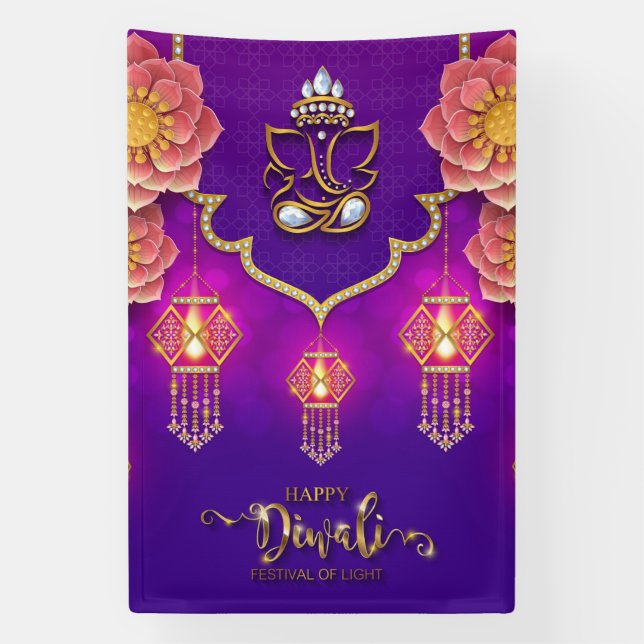 Banderoles Joyeux Diwali avec Ganesh, Rangoli et Diya (Verticale)