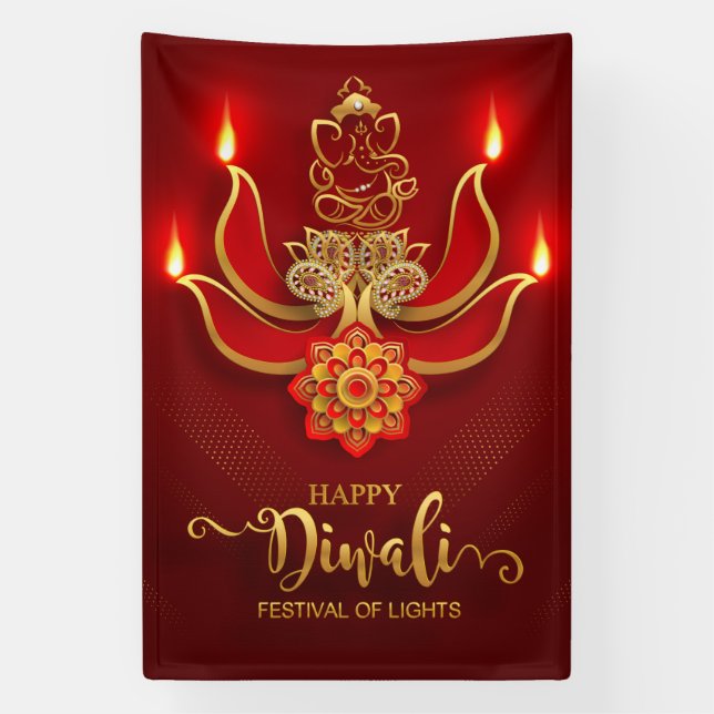 Banderoles Joyeux Diwali avec Ganesh, Rangoli et Diya (Verticale)