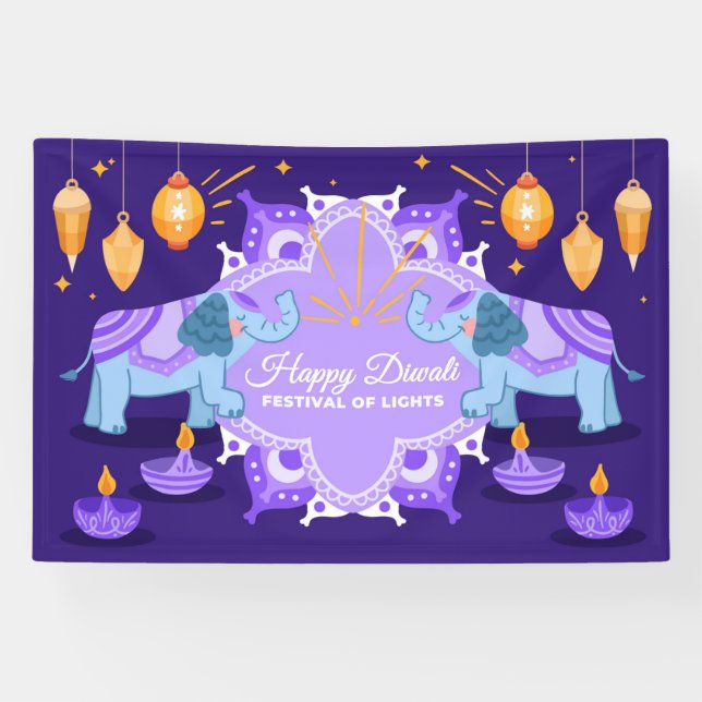 Banderoles Joyeux Diwali avec les éléphants, Rangoli et Diya (Horizontal)