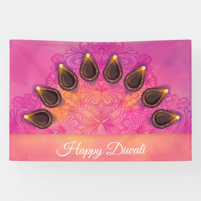 Banderoles Joyeux Diwali avec Rangoli et Diya (Horizontal)