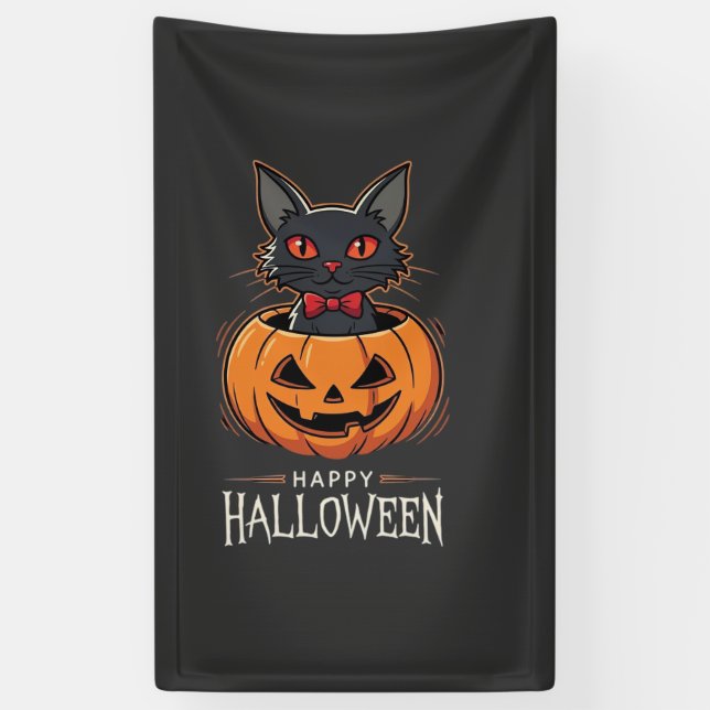 Banderoles Joyeux Halloween Chat Noir Design De Citrouille_1 (Vertical)