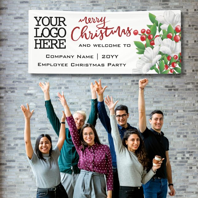 Banderoles Joyeux Noël Ajouter Logo Aquarelle Florale | Rouge (Créateur téléchargé)