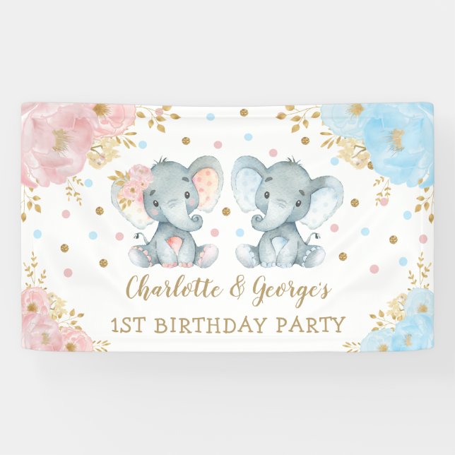 Banderoles Jumeaux Fraternal Elephant Wild Un 1er anniversair (Horizontal)