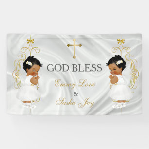 Banderoles Jumelles Fillettes Baptême Christening Or Ethnique