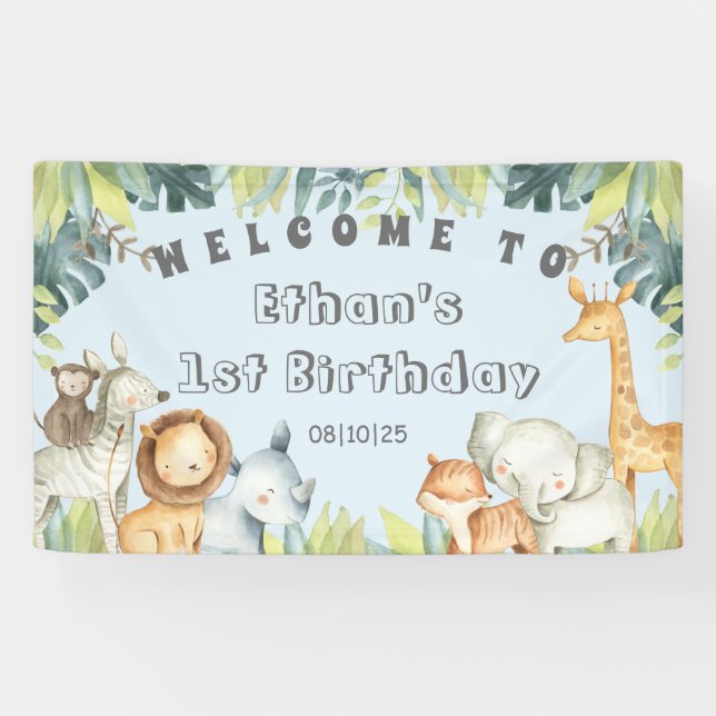 Banderoles Jungle animaux bleu garçon 1er anniversaire signe  (Horizontal)