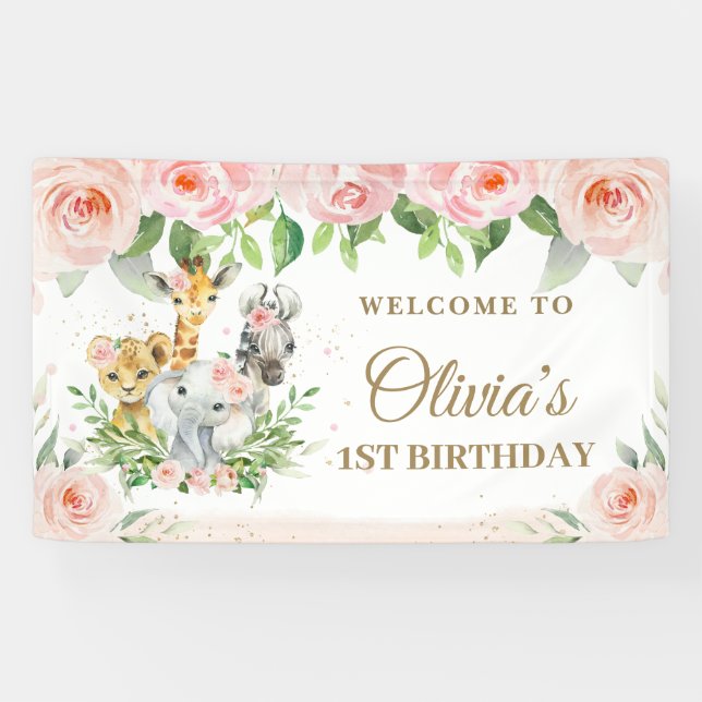 Banderoles Jungle Animaux Safari Blush Rose Floral fond (Horizontal)