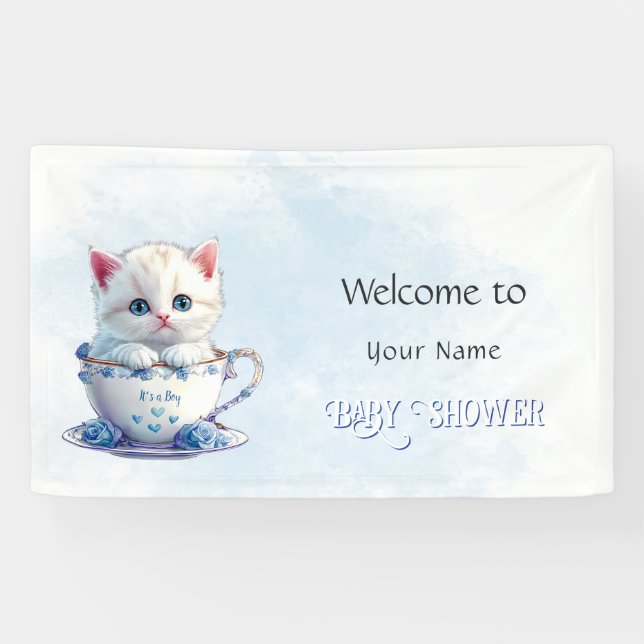 Banderoles Kitten dans Baby shower de fleurs bleues de coupe (Horizontal)