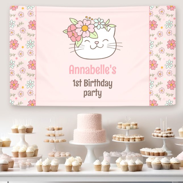 Banderoles Kitten Kitty Chat Rose fille 1er anniversaire (Kitten Kitty Cat Pink Girl 1st Birthday Banner)