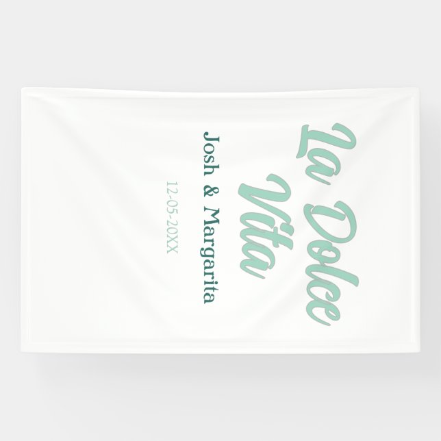 Banderoles La Dolce Vita vert bleu pastel nom date mariage  (Horizontal)