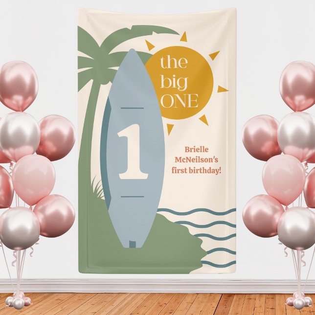 Banderoles "La grande UN" Fête d'anniversaire de plage de sur ("the big one" blue surfboard party banner 1st birthday baby boy surfing ocean bday backdrop sign )
