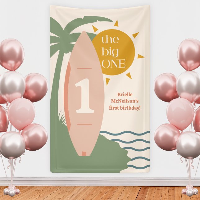 Banderoles "La grande UN" Fête de plage de surf 1er anniversa ("the big one" surfboard pink girls 1st birthday surfing first bday party backdrop sign party decor)