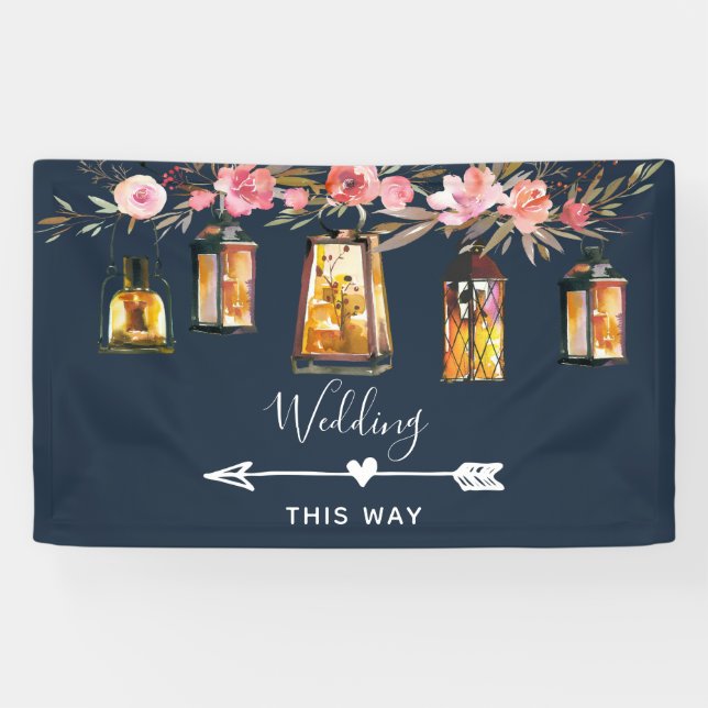 Banderoles Lanterne Rustique bleu corail Mariage direction (Horizontal)