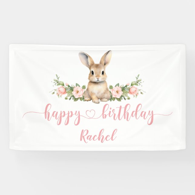 Banderoles Lapin Rose Floral Printemps Joyeux Anniversaire (Horizontal)