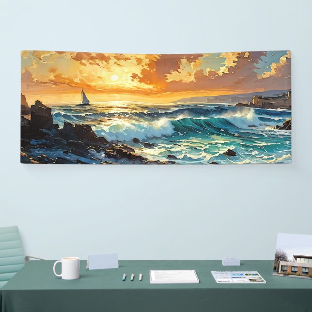 Banderoles Large Mer Méditerranée coucher de soleil doré (Salon professionnel)