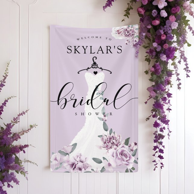 Banderoles Lavender Florals Blanc Mariage robe Fête des marié (Lavender Florals White Wedding Dress Bridal Shower Banner)