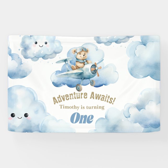 Banderoles Le premier vol d'anniversaire de Teddy : un drapea (Horizontal)