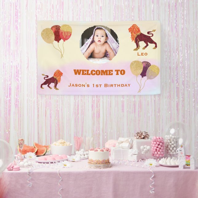 Banderoles Leo Watercolor 1st Birthday Photo Sign (Fête)