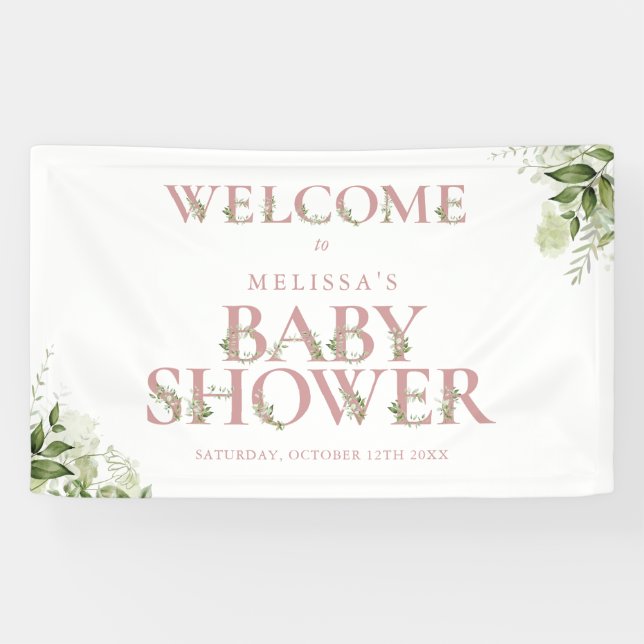 Banderoles Lettre Rose Dusty Greenery Baby shower Bienvenue (Horizontal)